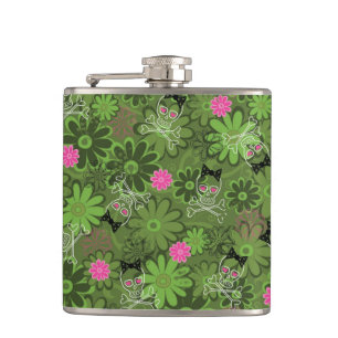 Girly Punk Skulls on Flower Camo background Hip Flask
