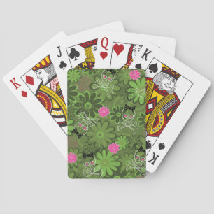 Girly Punk Skulls on Flower Camo background Playing Cards