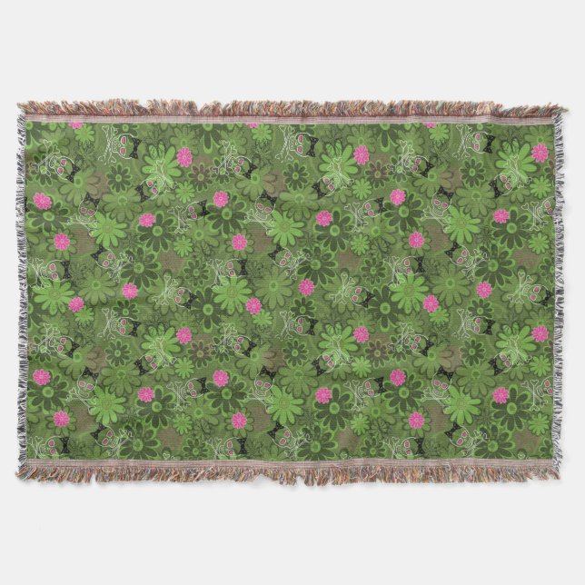 Girly Punk Skulls on Flower Camo background Throw Blanket (Front)