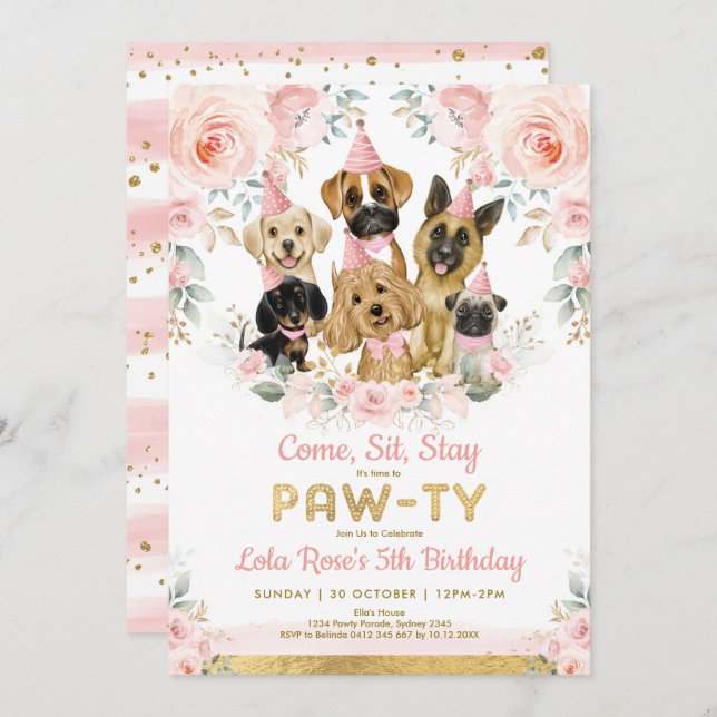 Girly Puppy Dog Birthday Party Blush Pink Flowers Invitation (Front/Back)