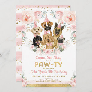 Girly Puppy Dog Birthday Party Blush Pink Flowers Invitation