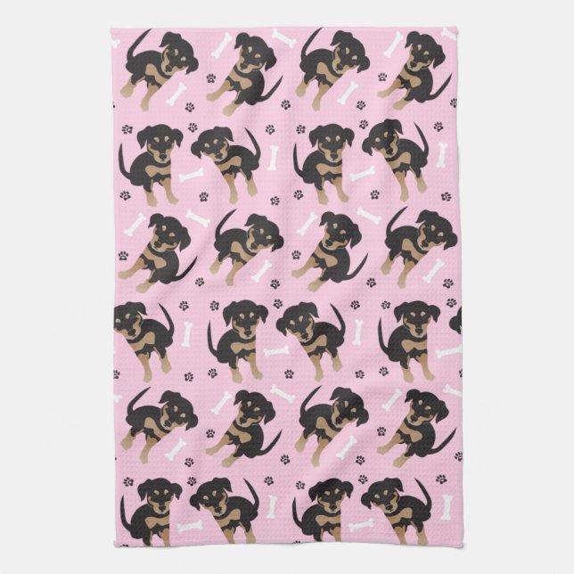 Girly Puppy Paw Print Dog Bone Pattern Pink Tea Towel (Vertical)