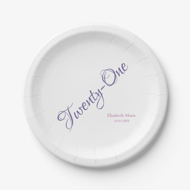 Girly Purple 21st Birthday Party Personalised Paper Plate (Front)