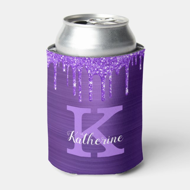 Girly Purple Amethyst Glitter Drips Monogram Name  Can Cooler (Can Front)