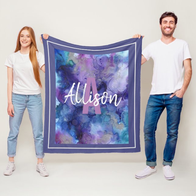 Girly Purple and Blue Watercolor Monogram Name Fleece Blanket (In Situ)