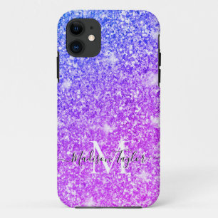 Girly Purple and Pink Glitter Monogram Name    iPhone 11 Case