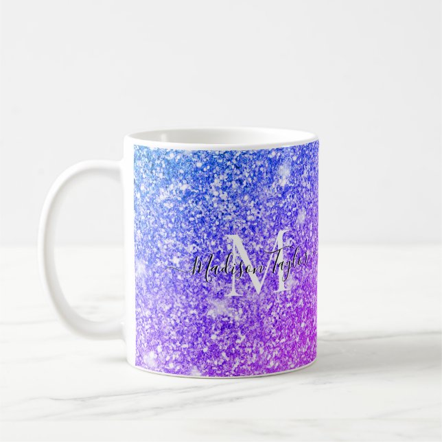 Girly Purple and Pink Glitter Monogram Name    Coffee Mug (Left)
