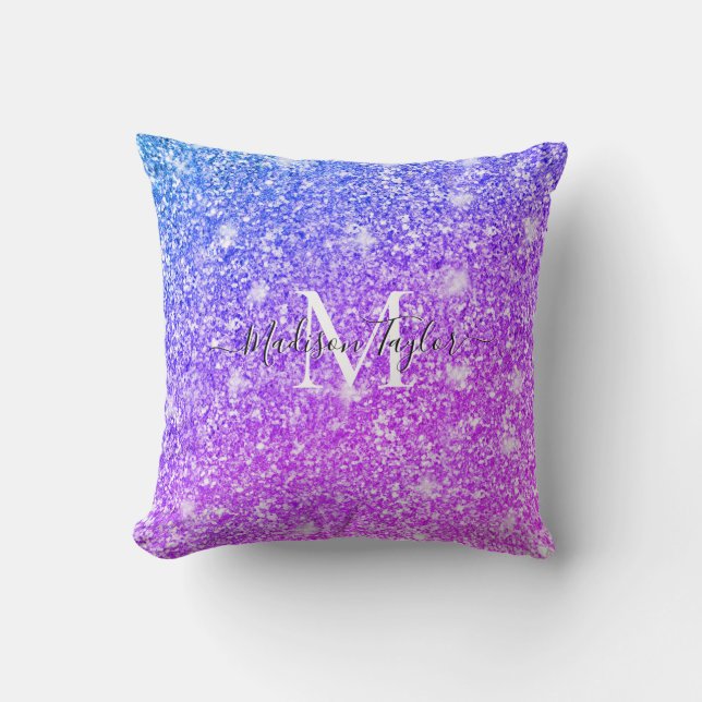 Girly Purple and Pink Glitter Monogram Name    Cushion (Front)
