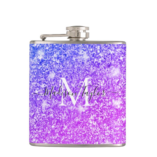 Girly Purple and Pink Glitter Monogram Name    Hip Flask (Front)