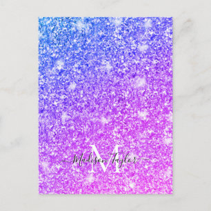 Girly Purple and Pink Glitter Monogram Name    Postcard