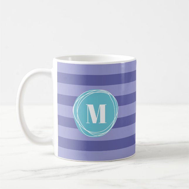 Girly Purple Aqua Stripes Monogram Coffee Mug (Left)
