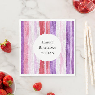 Girly Purple Blush Pink Red Stripes Birthday Napkin