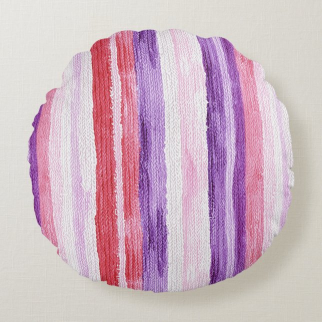 Girly Purple Blush Pink Red Stripes Christmas Round Cushion (Front)