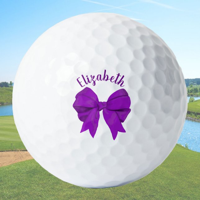 Girly Purple Bow Lady Golfer Custom Name Golf Balls (Creator Uploaded)