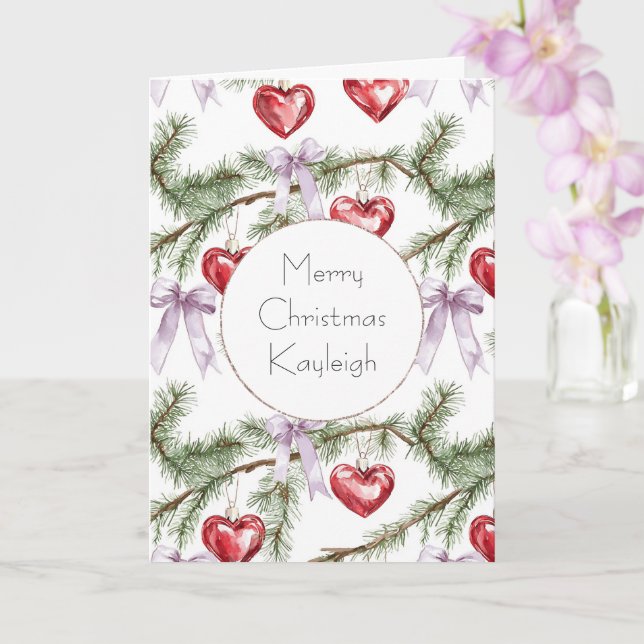 Girly Purple Bows Christmas Tree Branches Hearts Card (Orchid)