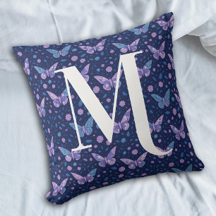 Girly Purple Butterfly Pattern With Bold Monogram Cushion