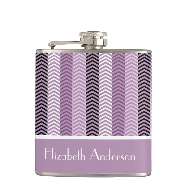 Girly Purple Chevron Stripes Pattern With Name Hip Flask (Front)