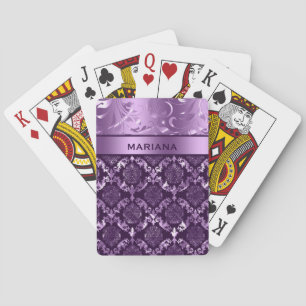 Girly Purple Damasks & Metallic Swirls Playing Cards