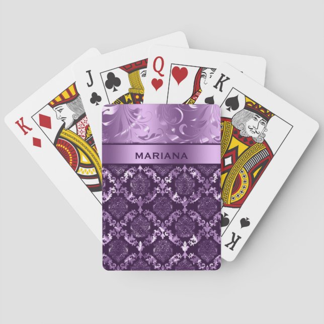 Girly Purple Damasks & Metallic Swirls Playing Cards (Back)