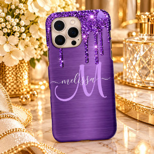 Girly Purple Dripping Glitter Brush Metal Monogram