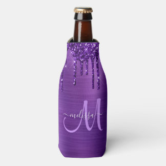 Girly Purple Dripping Glitter Brush Metal Monogram Bottle Cooler
