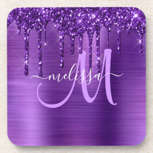 Girly Purple Dripping Glitter Brush Metal Monogram Coaster