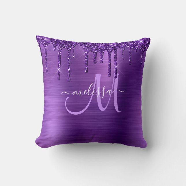 Girly Purple Dripping Glitter Brush Metal Monogram Cushion (Front)