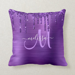 Girly Purple Dripping Glitter Brush Metal Monogram Cushion