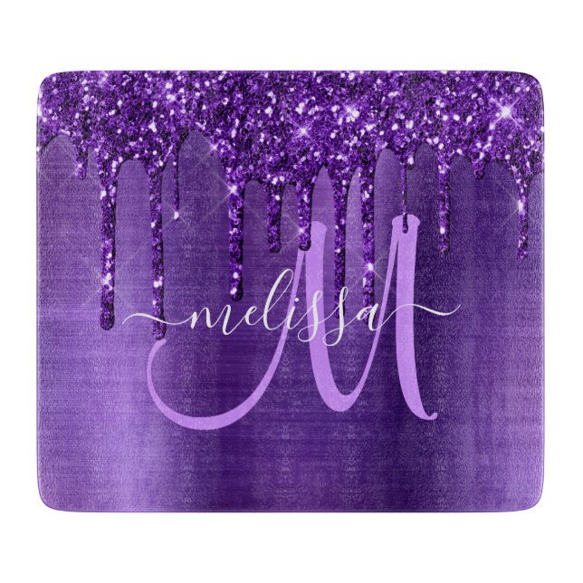 Girly Purple Dripping Glitter Brush Metal Monogram Cutting Board (Front)