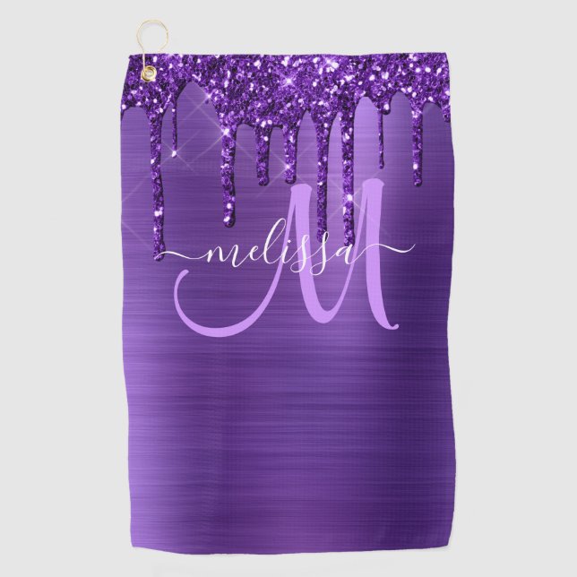 Girly Purple Dripping Glitter Brush Metal Monogram Golf Towel (Front)