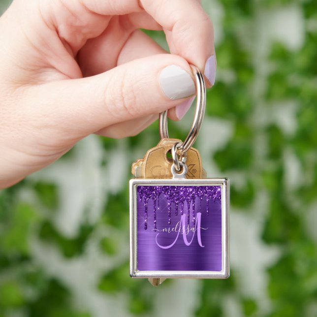 Girly Purple Dripping Glitter Brush Metal Monogram Key Ring (Hand)