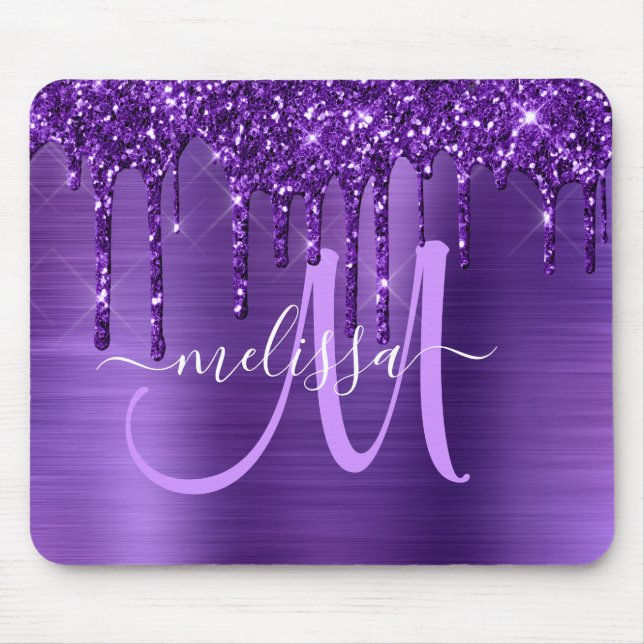 Girly Purple Dripping Glitter Brush Metal Monogram Mouse Pad (Front)