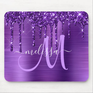 Girly Purple Dripping Glitter Brush Metal Monogram Mouse Pad