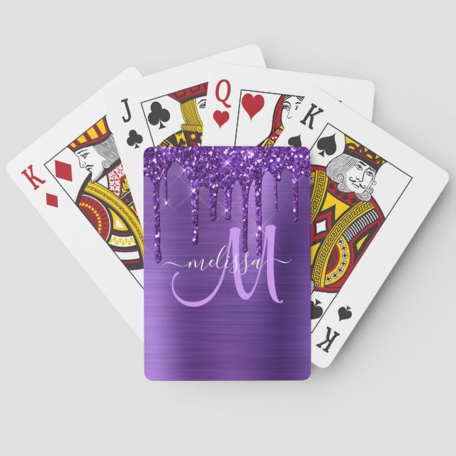 Girly Purple Dripping Glitter Brush Metal Monogram Playing Cards (Back)