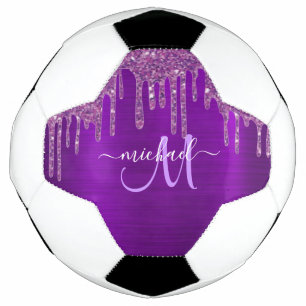 Girly Purple Dripping Glitter Brush Metal Monogram Soccer Ball