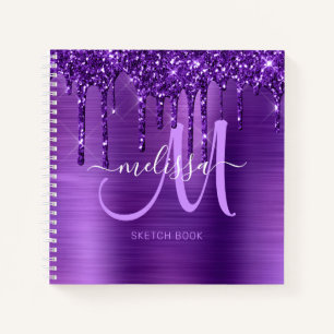 Girly Purple Dripping Glitter Brush Metal Sketch Notebook
