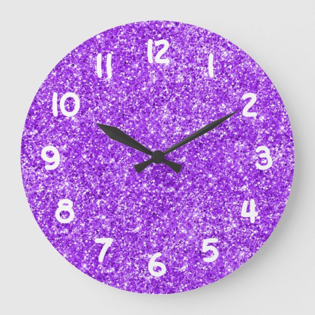Girly Purple Faux Glitter Photo Large Clock (Front)