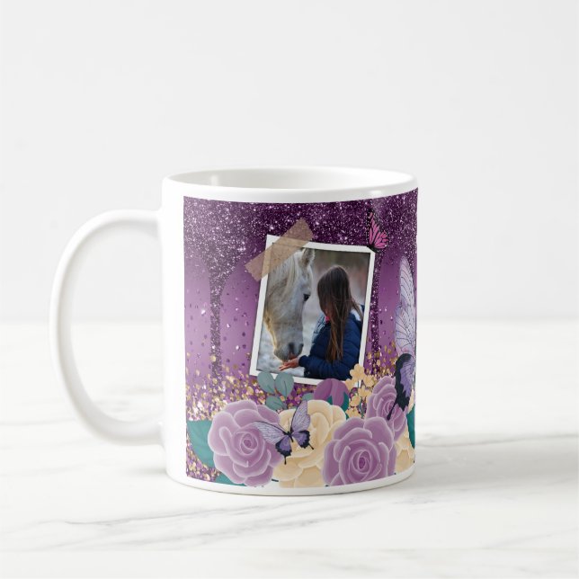Girly Purple Floral Faux Sparkly Two Photo Name Coffee Mug (Left)