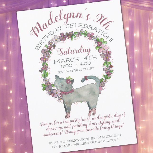 Girly Purple Flowers with Cute Cat Birthday Invitation (Creator Uploaded)