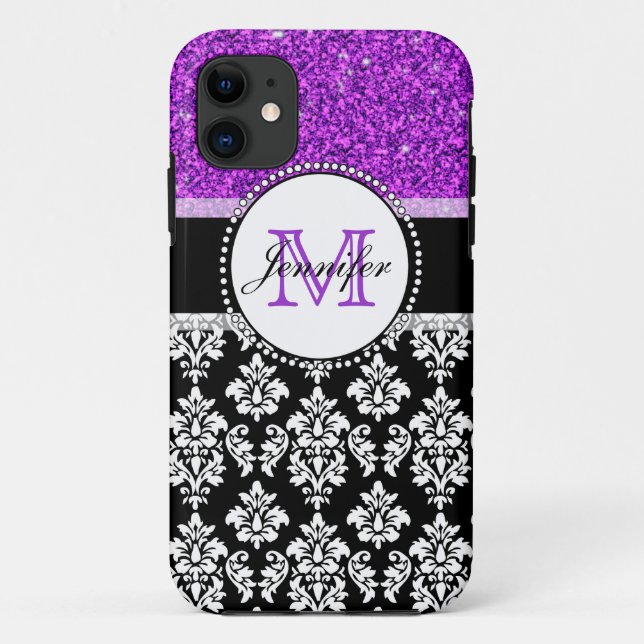 Girly Purple Glitter Black Damask Personalised Case-Mate iPhone Case (Back)