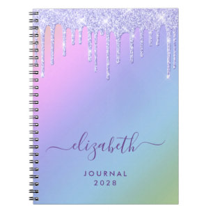 Girly Purple Glitter Drips Personalised Rainbow Notebook