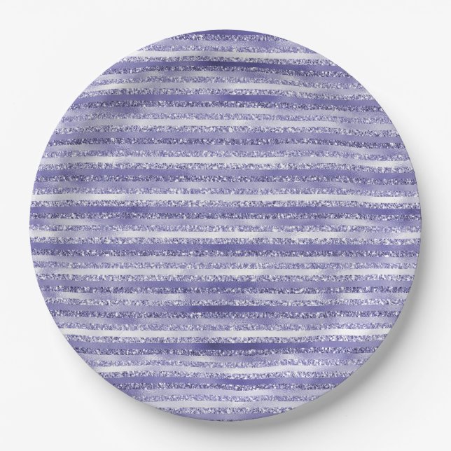 Girly Purple Glitter Glam Stripes Paper Plate (Front)
