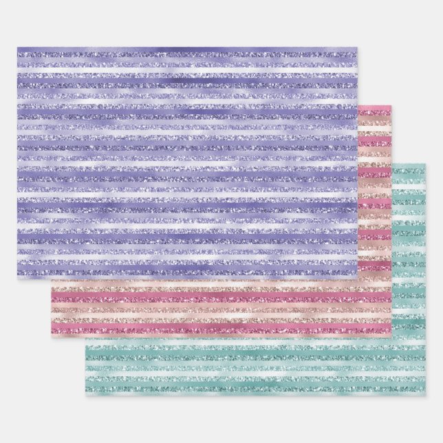 Girly Purple Glitter Glam Stripes Wrapping Paper Sheet (Set)