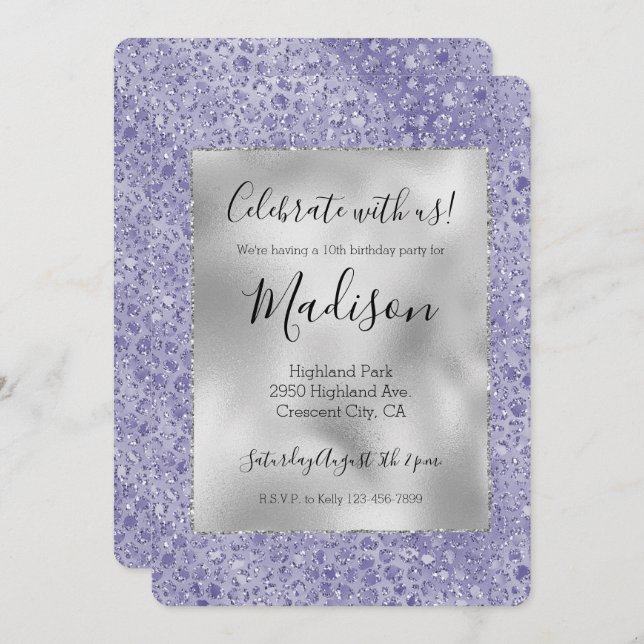 Girly Purple Glitter Glitz Leopard print Invitation (Front/Back)