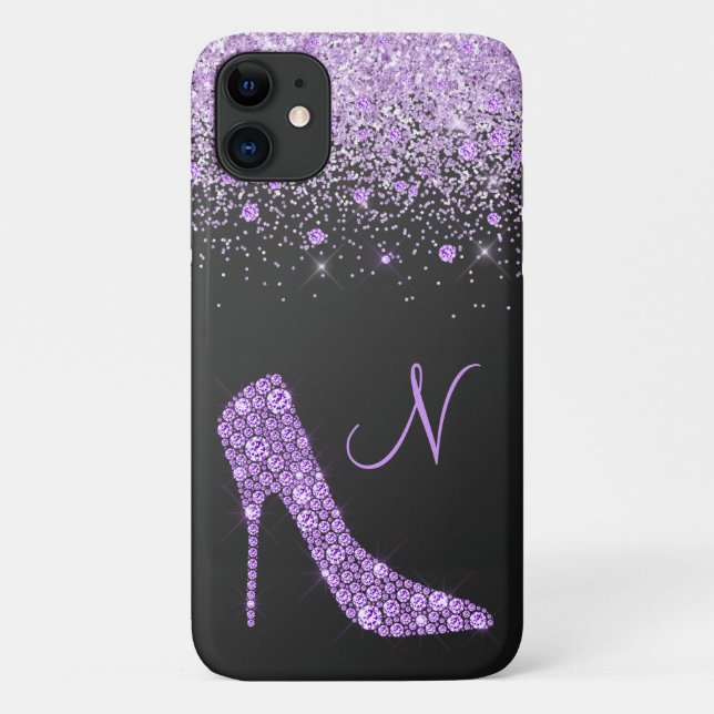 Girly Purple Glitter Shoe Script Monogram Black Case-Mate iPhone Case (Back)