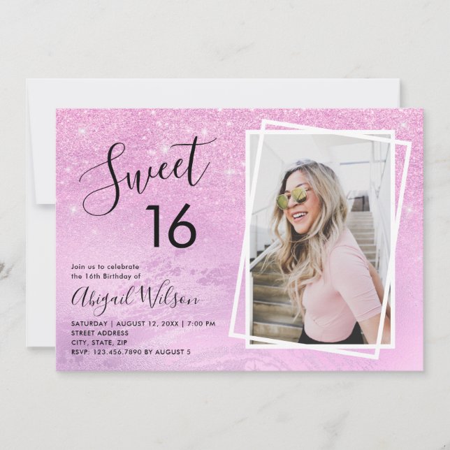 Girly purple glitter sweet sixteen birthday party invitation (Front)