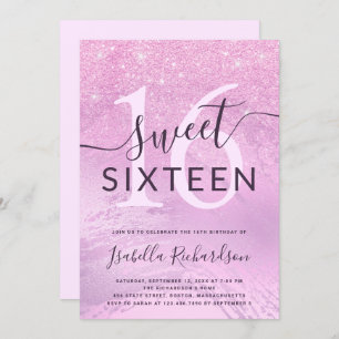 Girly purple glitter sweet sixteen birthday party invitation