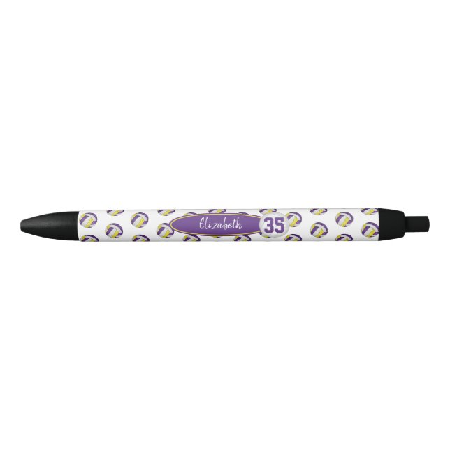 girly purple gold custom name volleyballs pattern black ink pen (Front)