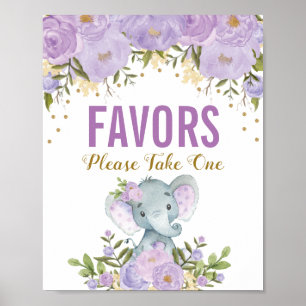 Girly Purple Gold Floral Elephant Favours Sign