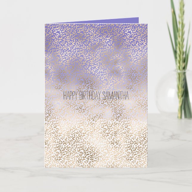 Girly Purple Gold Ombre Leopard Print Card (Front)